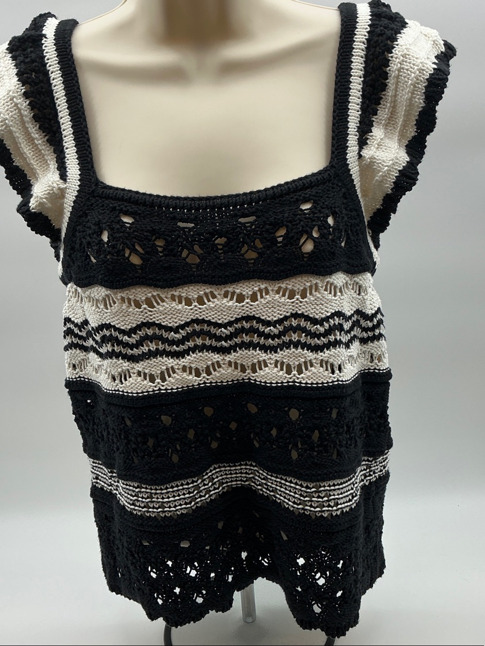 LOFT Black and White Crochet Off-the-Shoulder Sweater Tank